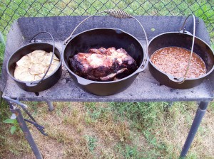 Dutch Oven Dinner Pork Shoulder, Scalloped Potatoes and BBQ Pintos